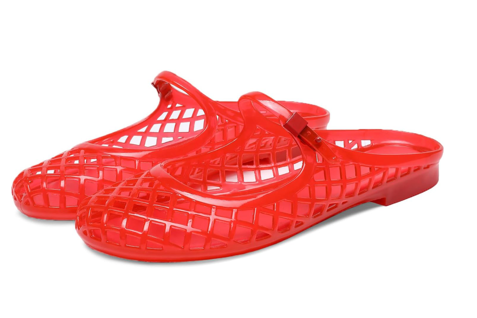 Pair of red jelly shoes with a lattice pattern.