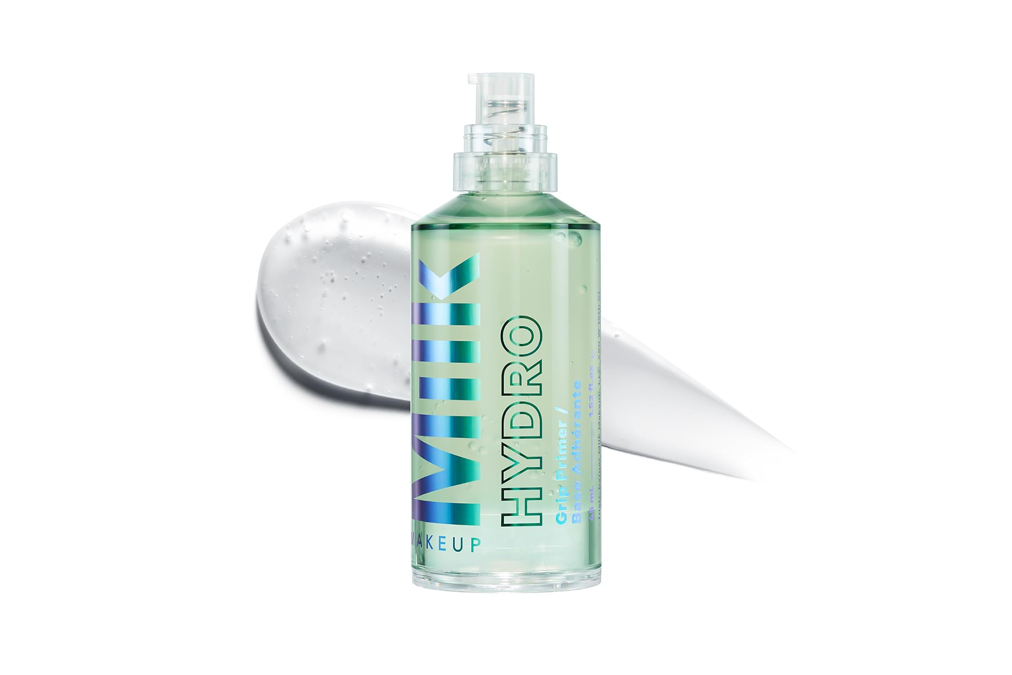 Milk Hydro Grip Primer bottle with a clear gel texture swipe.