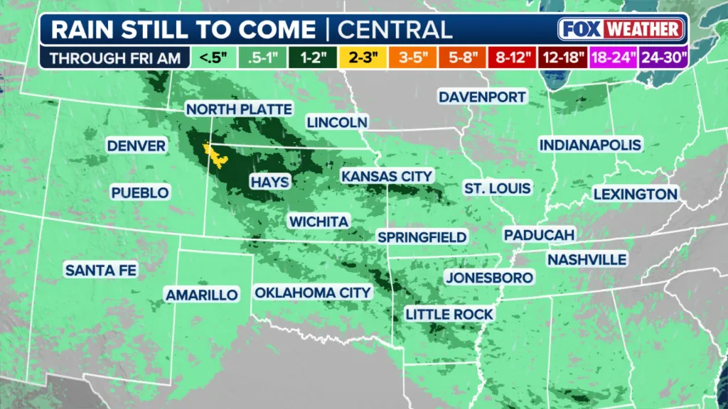 Weather map showing predicted rainfall across the Central US, with areas like North Platte and Hays, Kansas, expected to receive 3-5 inches of rain.