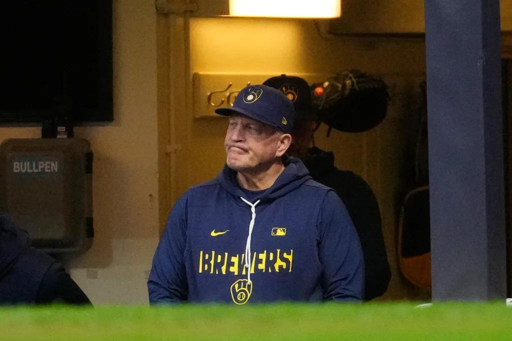 Milwaukee Brewers manager Pat Murphy in the dugout.