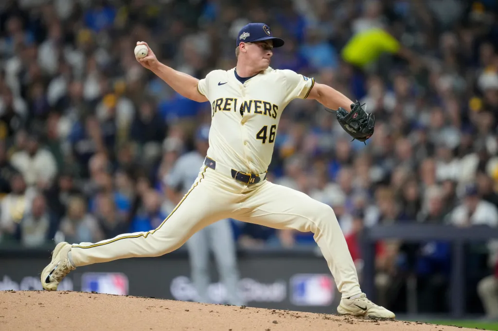 Milwaukee Brewers pitcher Quinn Priester throws against the Los Angeles Dodgers.