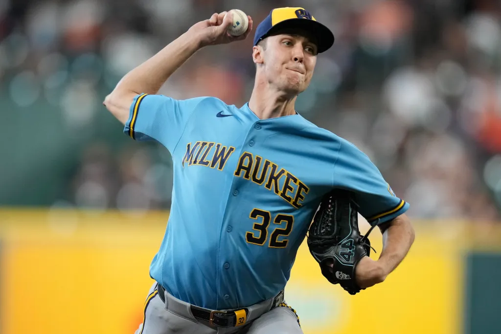 Milwaukee Brewers pitcher Jacob Misiorowski delivers against the Houston Astros.