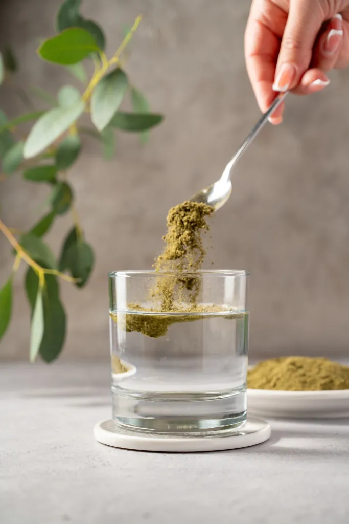 A hand uses a spoon to pour green powder into a glass of water.