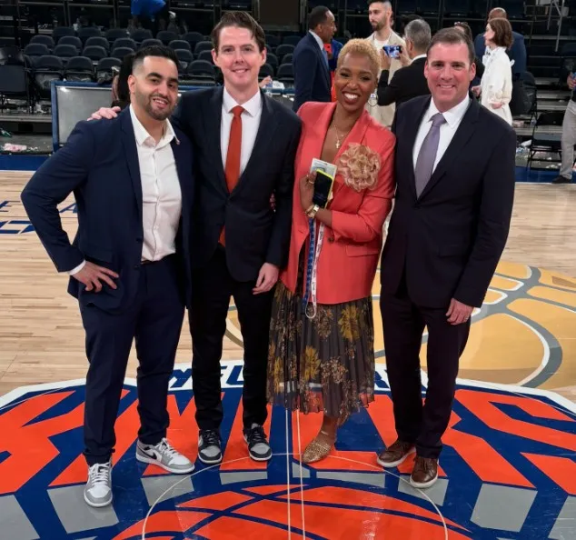 Knicks radio play-by-play voice Tyler Murray (second from l.) and analyst Monica McNutt (second from r.)