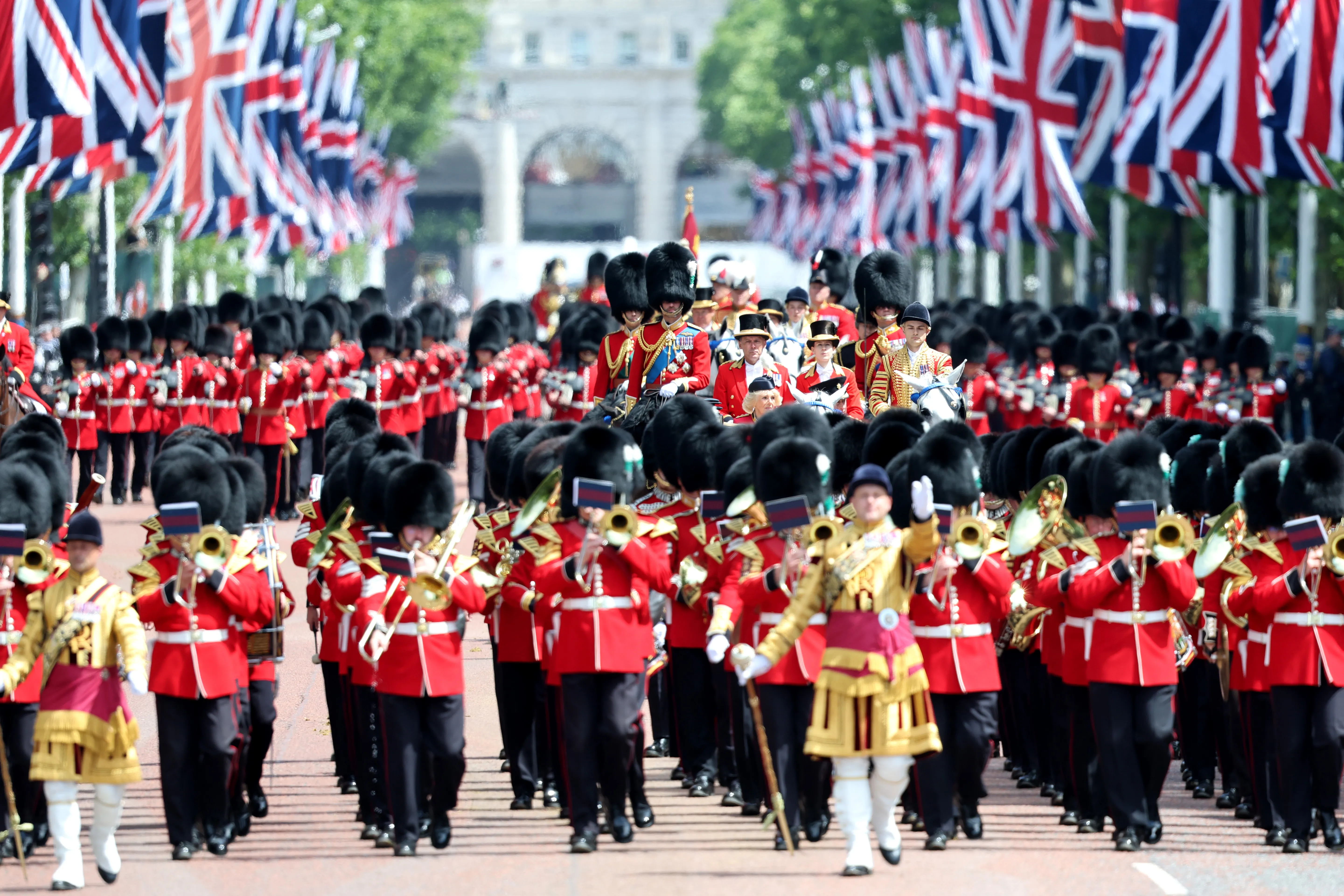 Musicians from the Massed Bands of the Household Division parade down The Mall during Trooping The Colour.