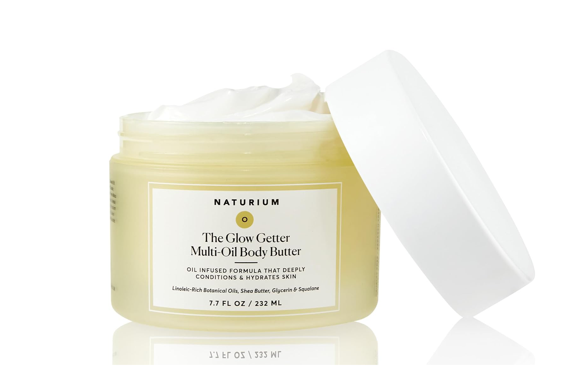 An open jar of Naturium The Glow Getter Multi-Oil Body Butter.
