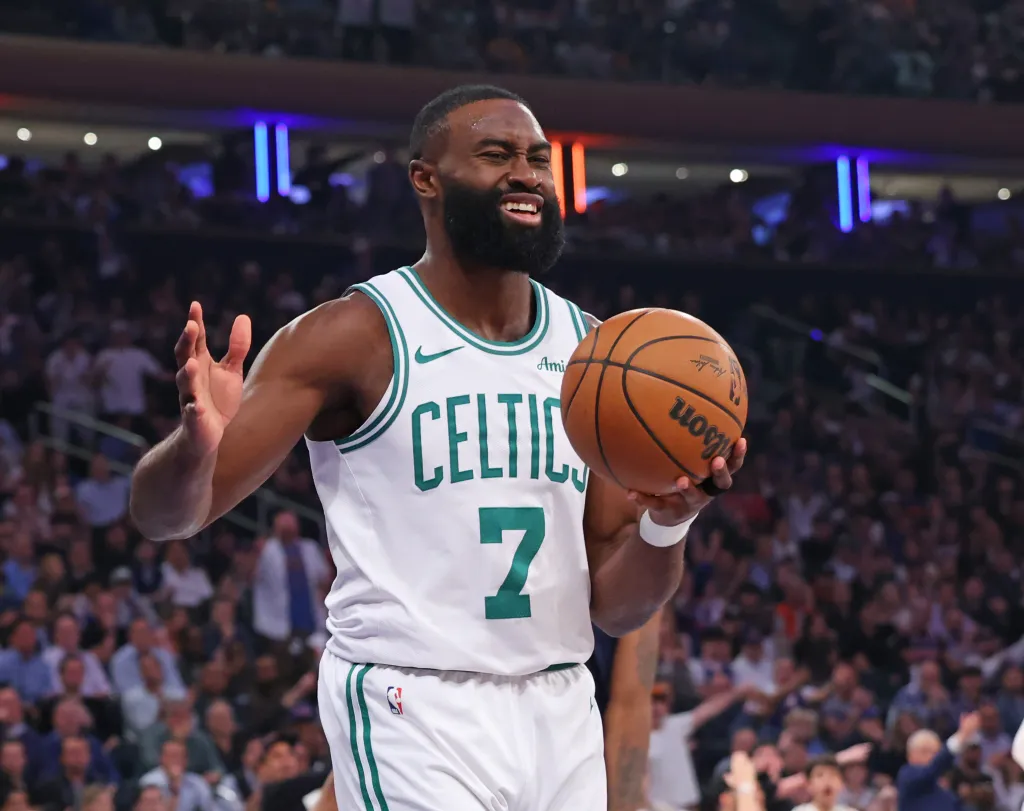 Boston Celtics guard Jaylen Brown #7 reacts during the first quarter.