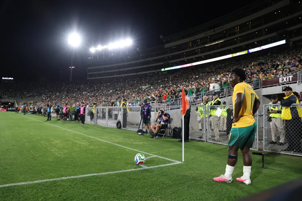 Nestory Irankunda of Australia looking on during an international friendly match.