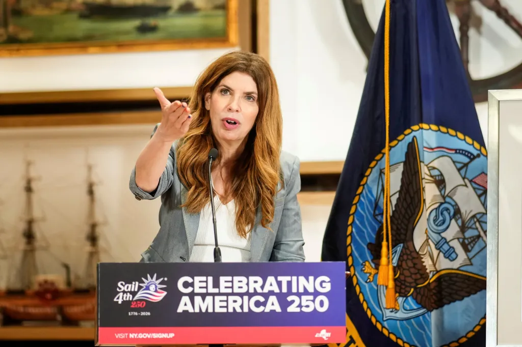 New York City Council's speaker Julie Menin, attends a press conference ahead of Sail4th 250 in New York City, U.S., June 28, 2026. 