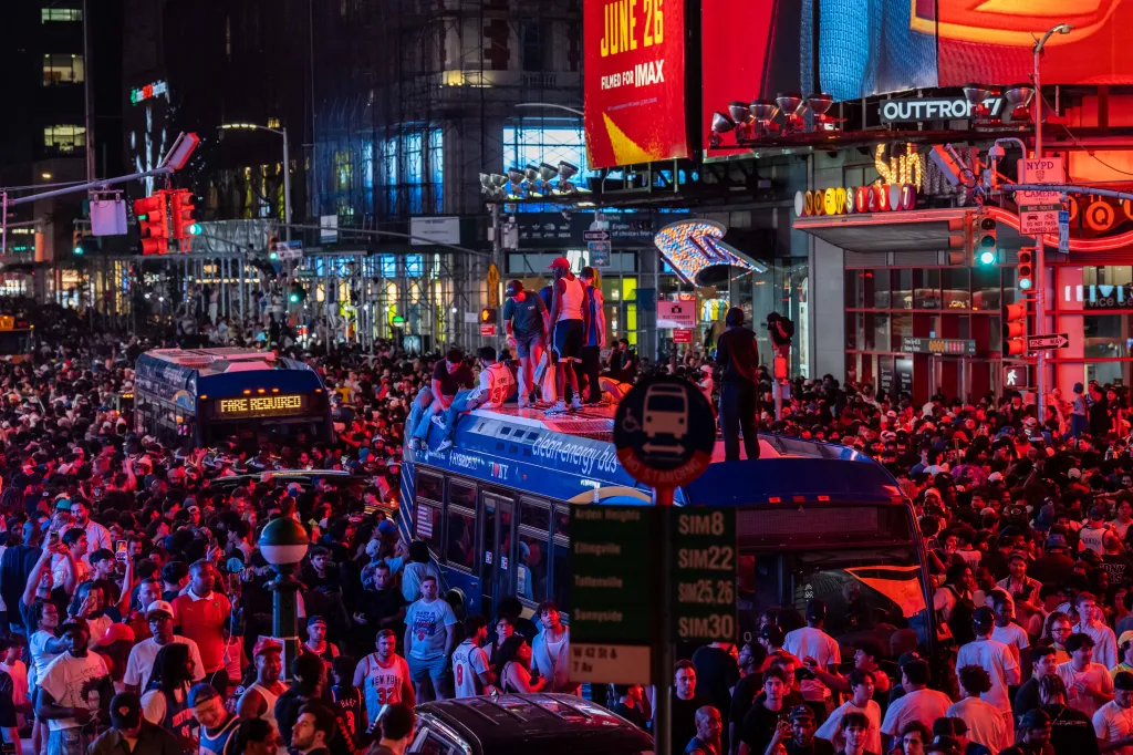 Thousands of New Yorkers took over Times Square after the Knicks won the NBA championship on June 14, 2026.