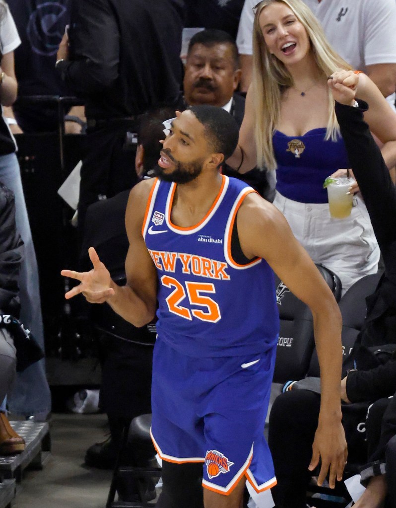 New York Knicks guard Mikal Bridges reacts after hitting a three-point shot.