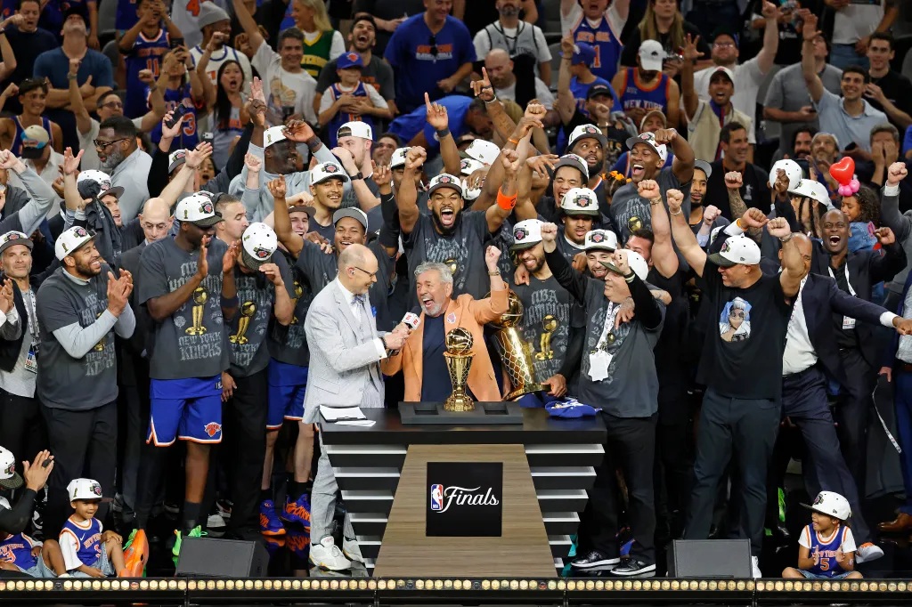 James Dolan and the Knicks celebrate their NBA championship win on June 13, 2026.
