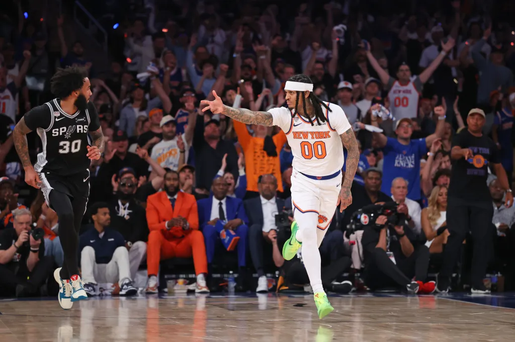 New York Knicks guard Jordan Clarkson #00 reacts after hitting a three-point shot in Game 3 of the 2026 NBA Finals.