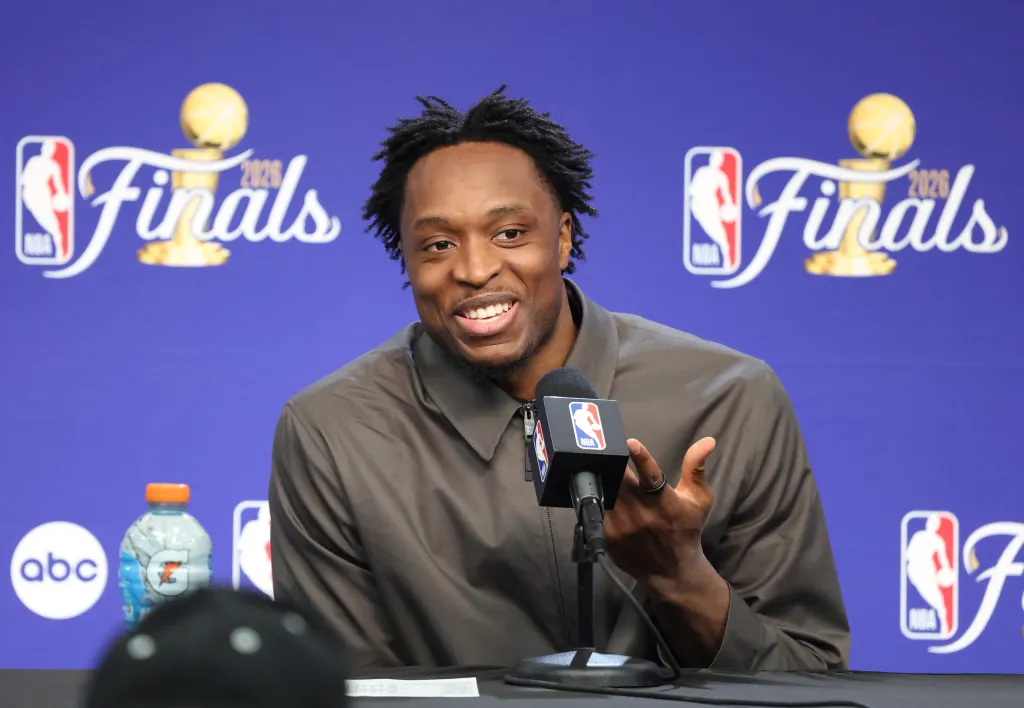 New York Knicks forward OG Anunoby #8 addresses the media in a post game press conference.