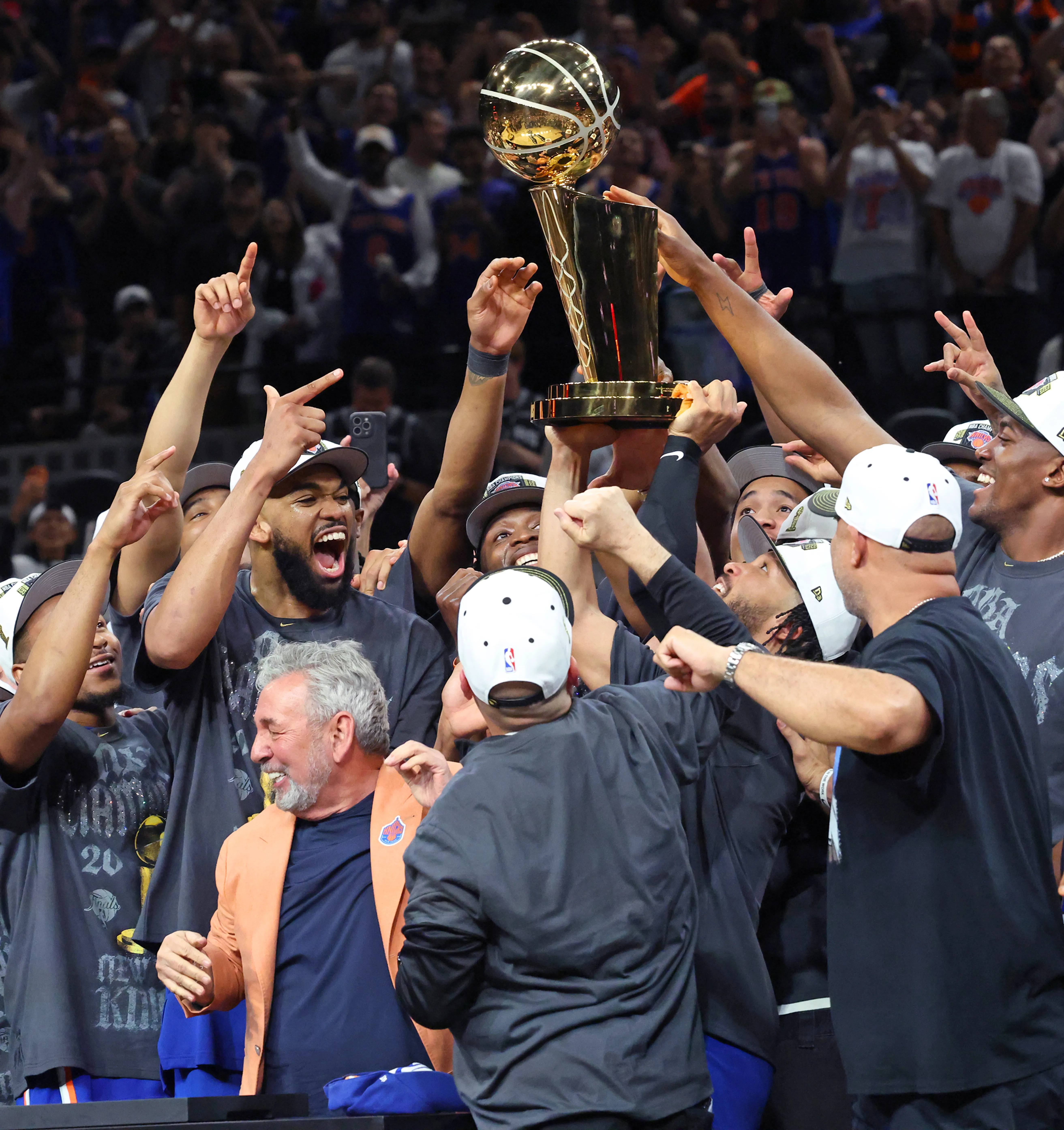 June 13, 2026  2026 NBA Finals - Game 5: New York Knicks vs. San Antonio Spurs at the Frost Bank Center in San Antonio, Texas - Knicks celebrate after defeating the Spurs to win the NBA Championship.

Photo by Charles Wenzelberg / New York Post