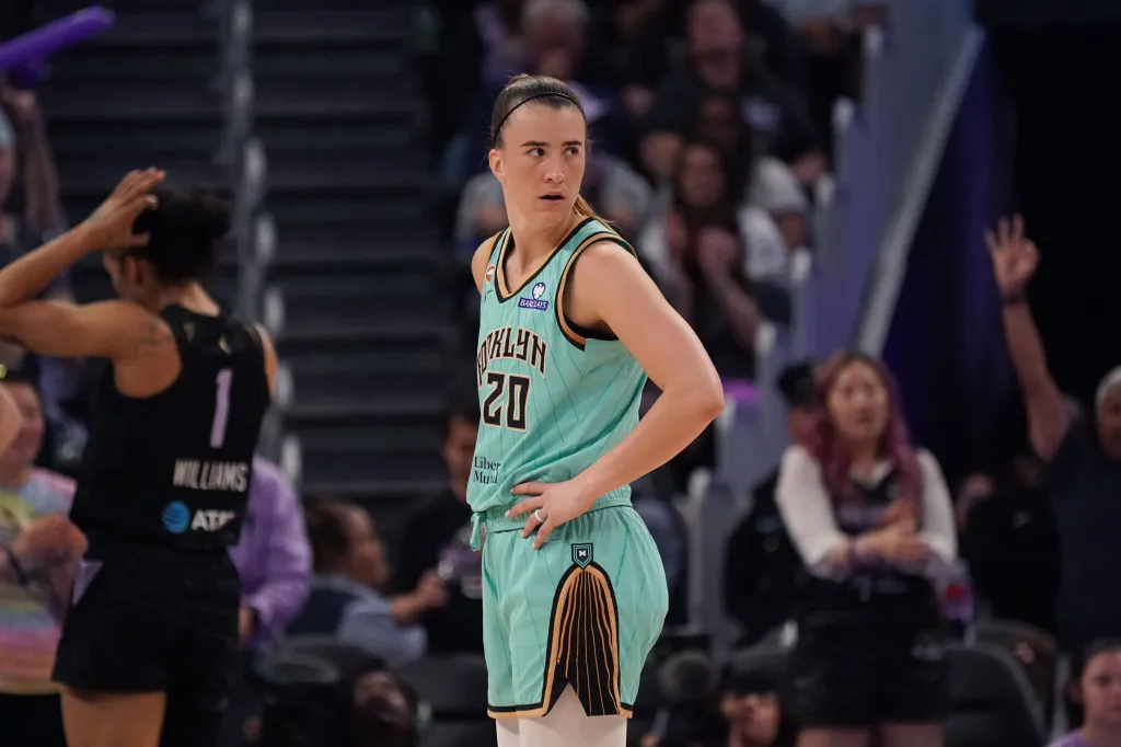Sabrina Ionescu (20) of the New York Liberty waits for play to resume against the Golden State Valkyries.
