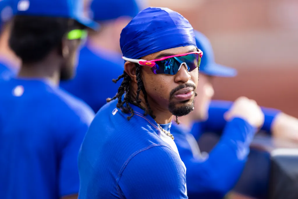 New York Mets player Francisco Lindor in the dugout.