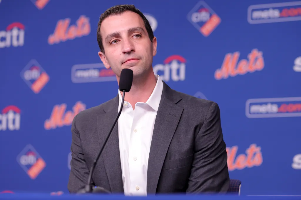 David Stearns speaking at a press conference.