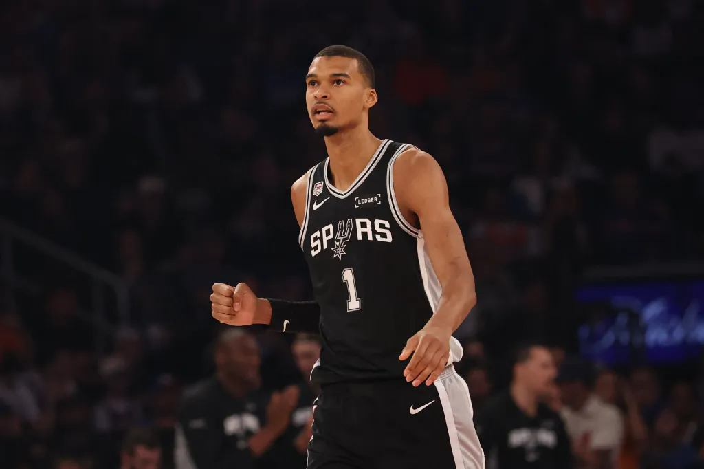 Victor Wembanyama of the San Antonio Spurs looks on during game three of the 2026 NBA Finals.