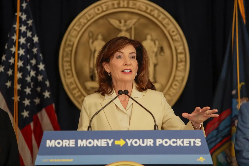 New York State Governor Kathy Hochul speaks at a press conference regarding tax relief.