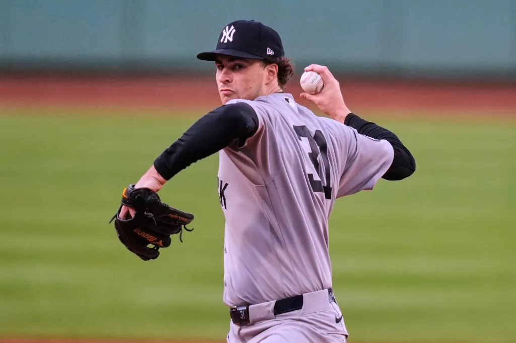 New York Yankees' Cam Schlittler delivers a pitch during a baseball game.