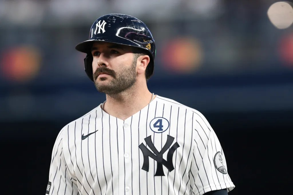 New York Yankees catcher Austin Wells (28) reacts during the fourth inning against the Cleveland Guardians at Yankee Stadium.