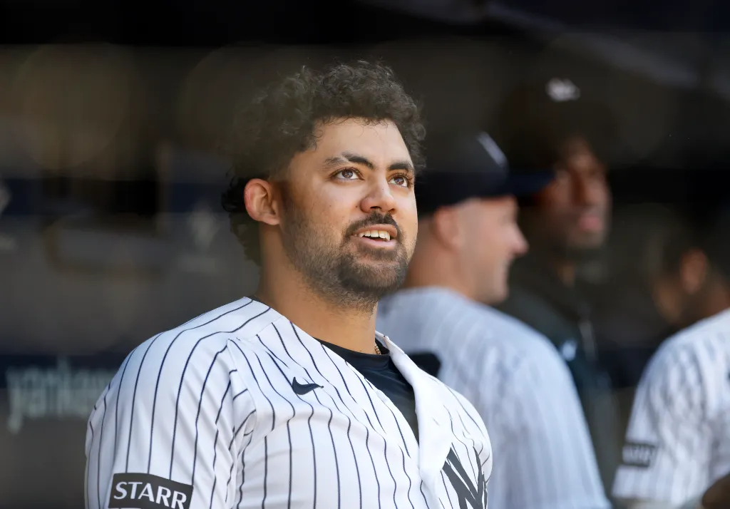Jasson Domínguez in the dugout after scoring a two-run home run.