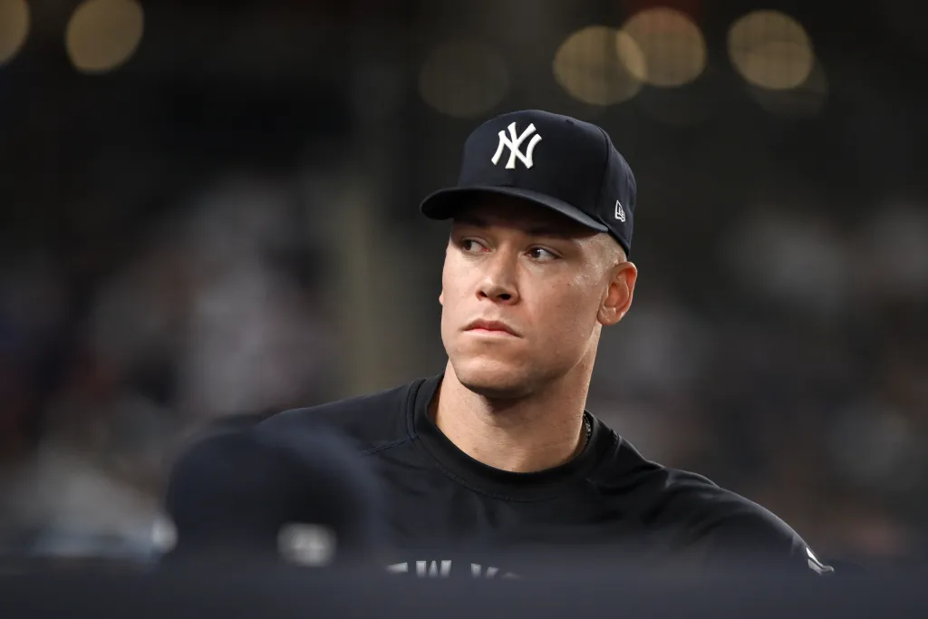 New York Yankees outfielder Aaron Judge in the dugout.