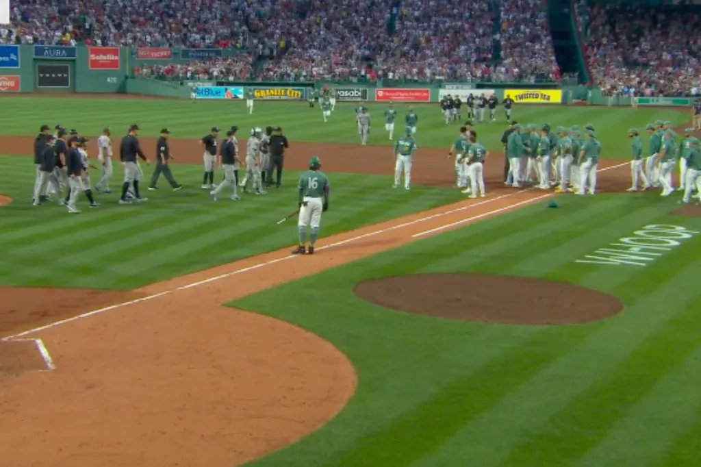 An image collage containing 1 images, Image 1 shows A baseball game with the Yankees losing 4-0 to Boston in the 5th inning, with players gathered on the field