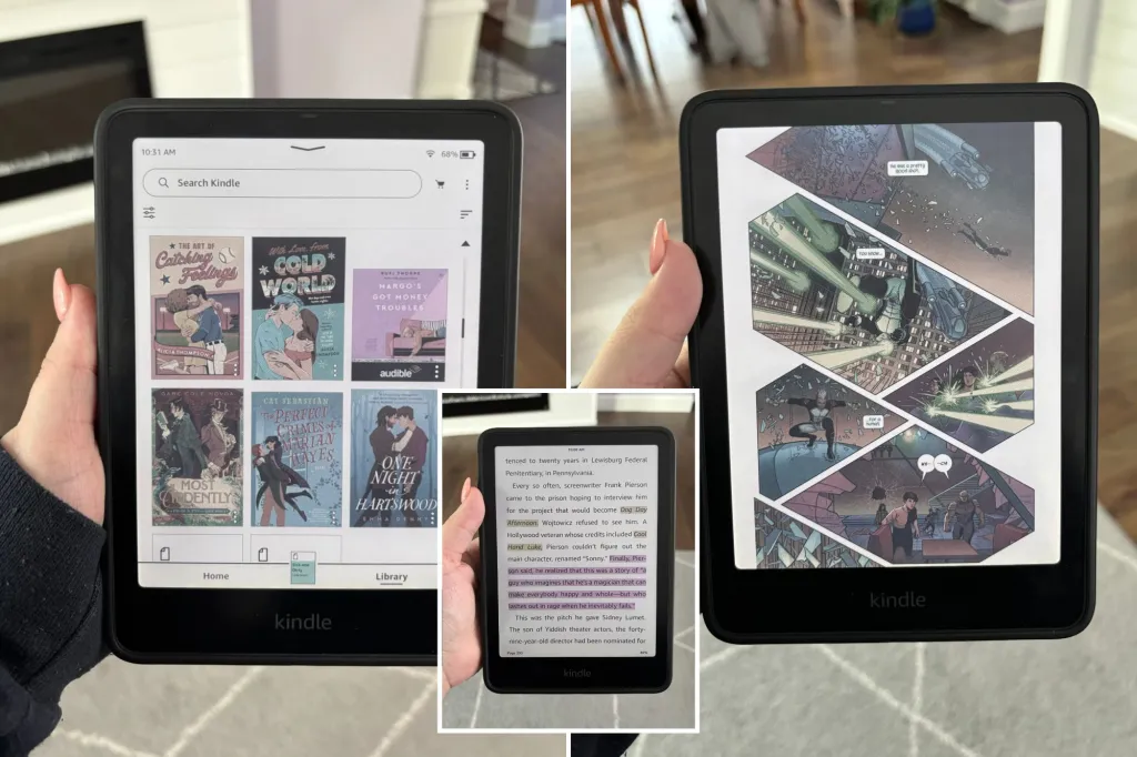 An image collage containing 3 images, Image 1 shows kindle colorsoft, Image 2 shows kindle colorsoft, Image 3 shows kindle colorsoft