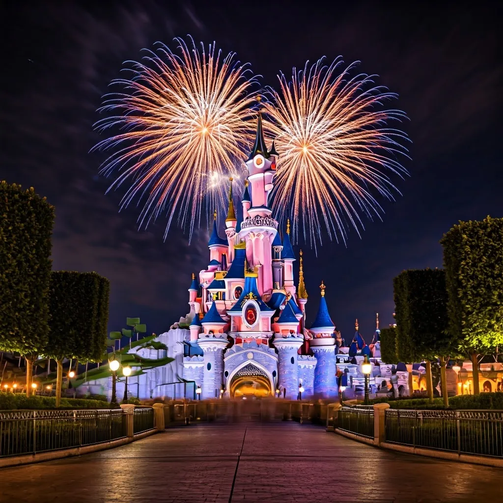Illustration of Disneyland Paris at night with fireworks exploding over the castle.