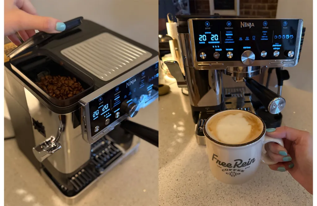 Collage of a Ninja coffee maker with coffee beans in the hopper, and a hand holding a mug of latte with "Free Rein Coffee" branding.
