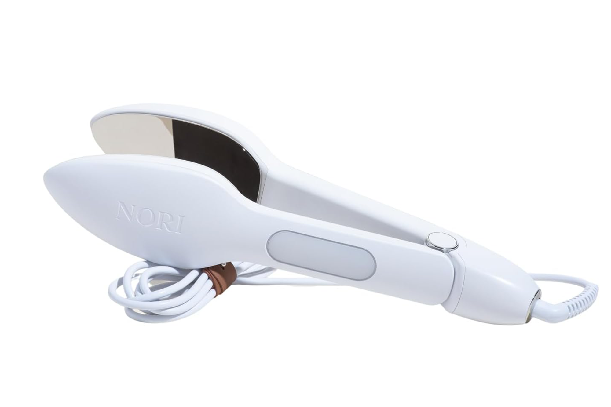 White Nori steam iron with a brown leather cord wrap.