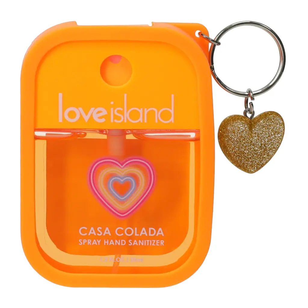Orange Love Island Casa Colada spray hand sanitizer with a golden glitter heart keychain.