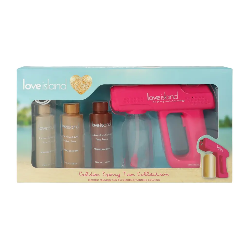 Love Island Golden Spray Tan Collection featuring an electric tanning gun and three shades of tanning solution.