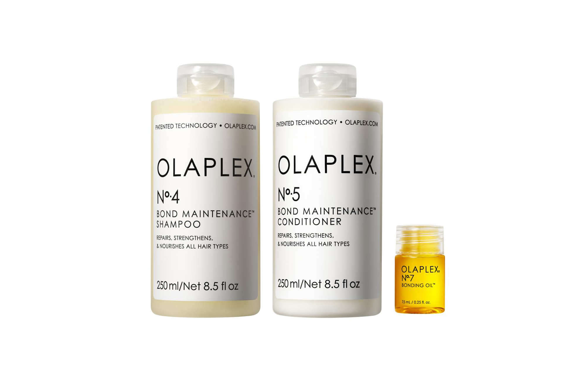 Olaplex N°4 Bond Maintenance Shampoo, N°5 Bond Maintenance Conditioner, and N°7 Bonding Oil.