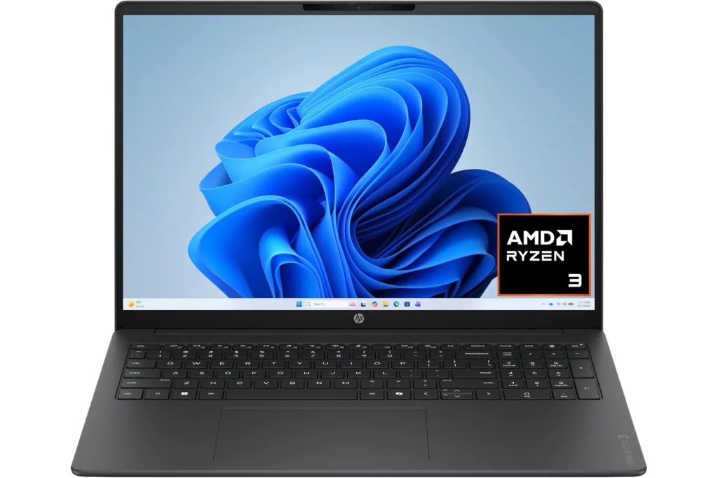 HP Omnibook 3 laptop featuring an AMD Ryzen 3 processor.