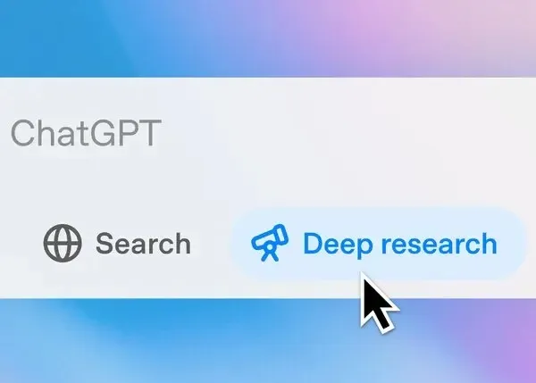 A cursor hovering over a "Deep research" button in ChatGPT.
