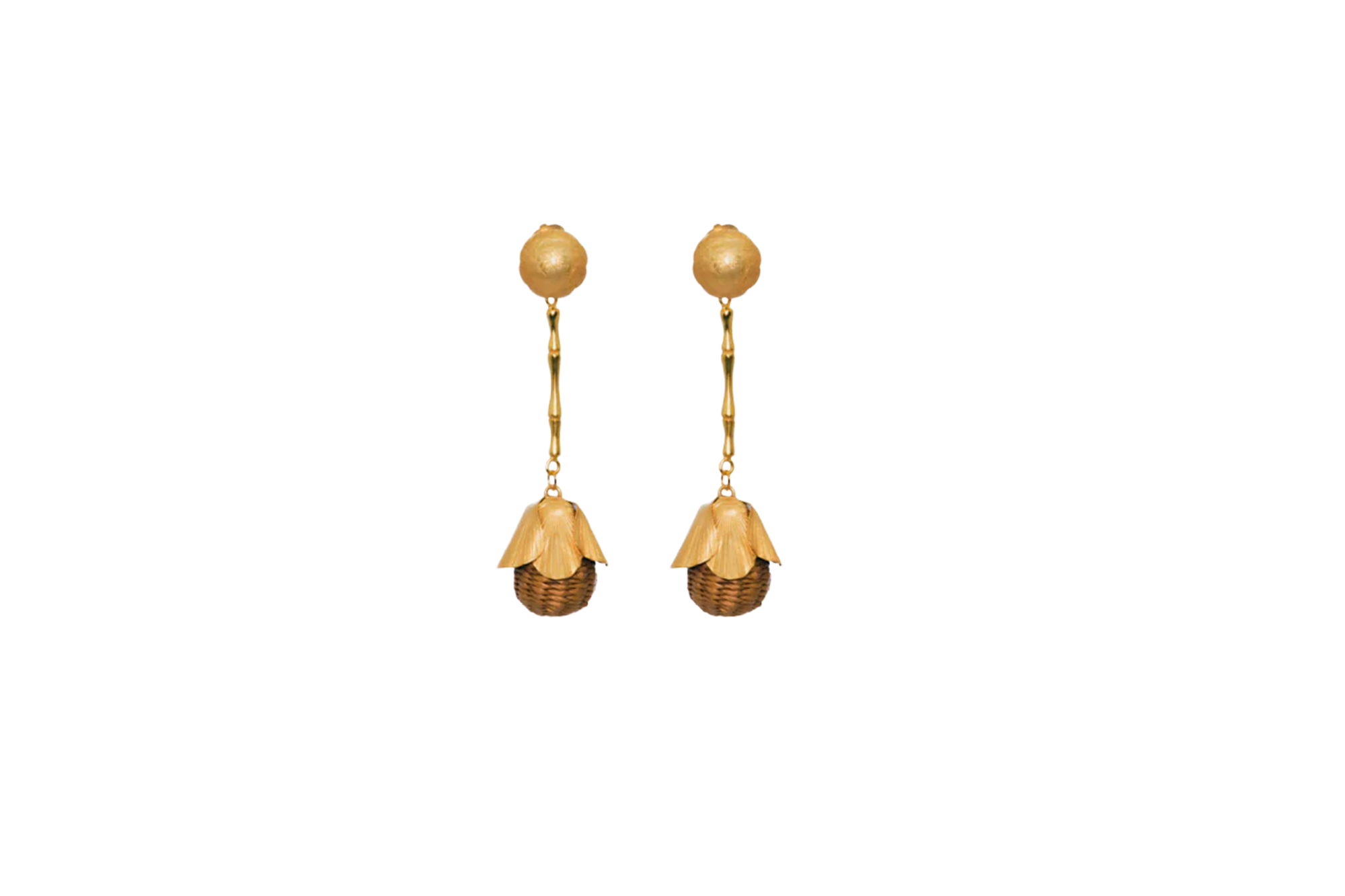 Pair of golden basket-shaped earrings with leaf-like details.