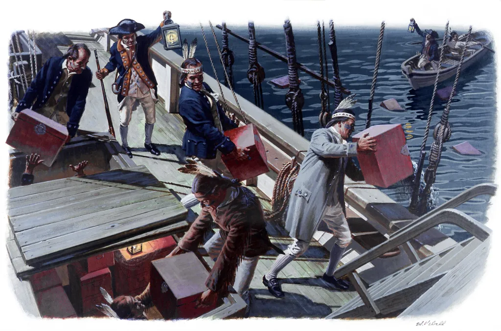 Illustration of colonists disguised as Native Americans dumping tea chests into the water during the Boston Tea Party.