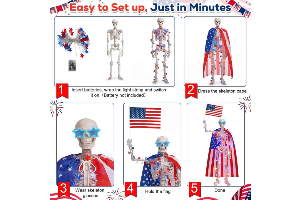 Infographic showing 5 steps to assemble a patriotic skeleton decoration with lights, a cape, star-shaped glasses, and a flag.