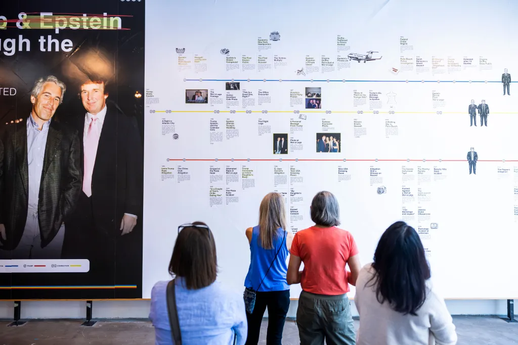 People viewing a timeline of Donald Trump's relationship with Jeffrey Epstein at an exhibition.