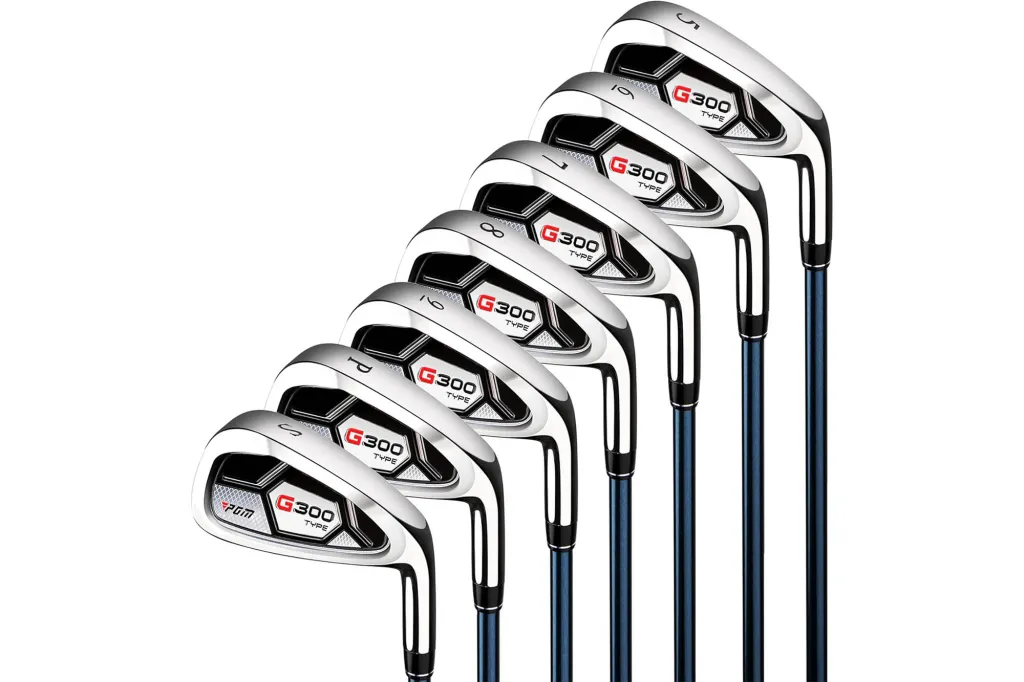Seven PGM G300 Type golf irons with blue shafts arranged diagonally.