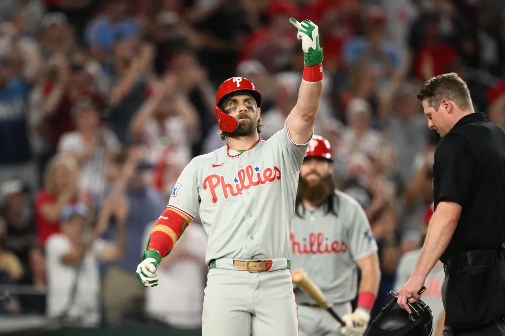 Bryce Harper of the Philadelphia Phillies celebrates his two-run home run.