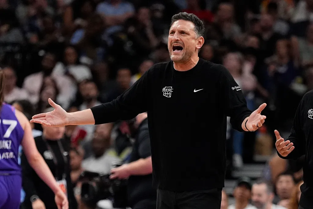 Mercury head coach Nate Tibbetts reacts during a game against the Tempo on June 27, 2026.
