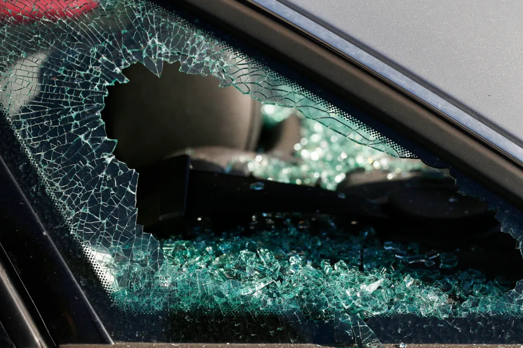 Shattered glass of a broken car window.