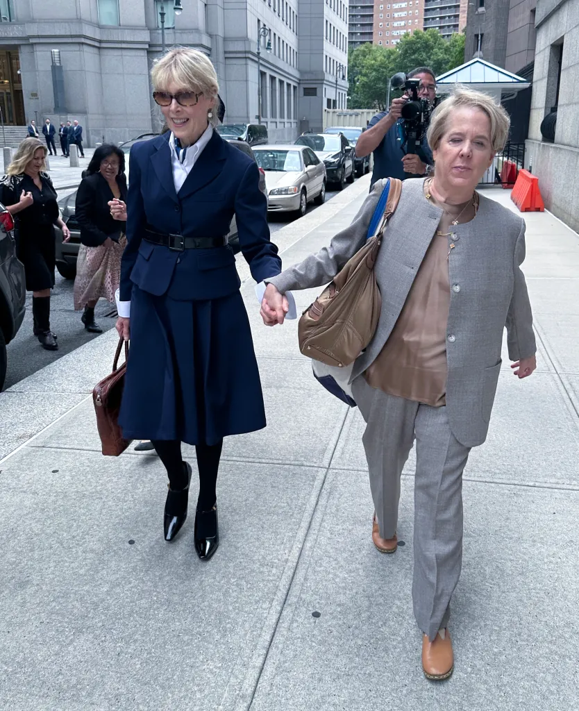 E. Jean Carroll (left) and her lawyer arriving for a court hearing.