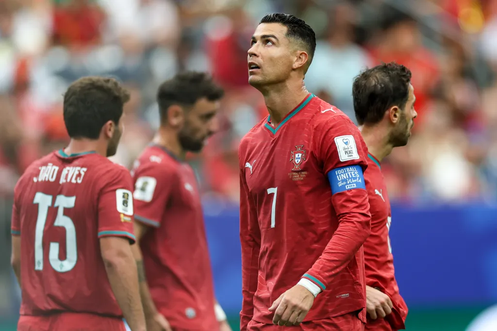 Cristiano Ronaldo looking up during a match between Portugal and Congo DR at FIFA World Cup 2026.