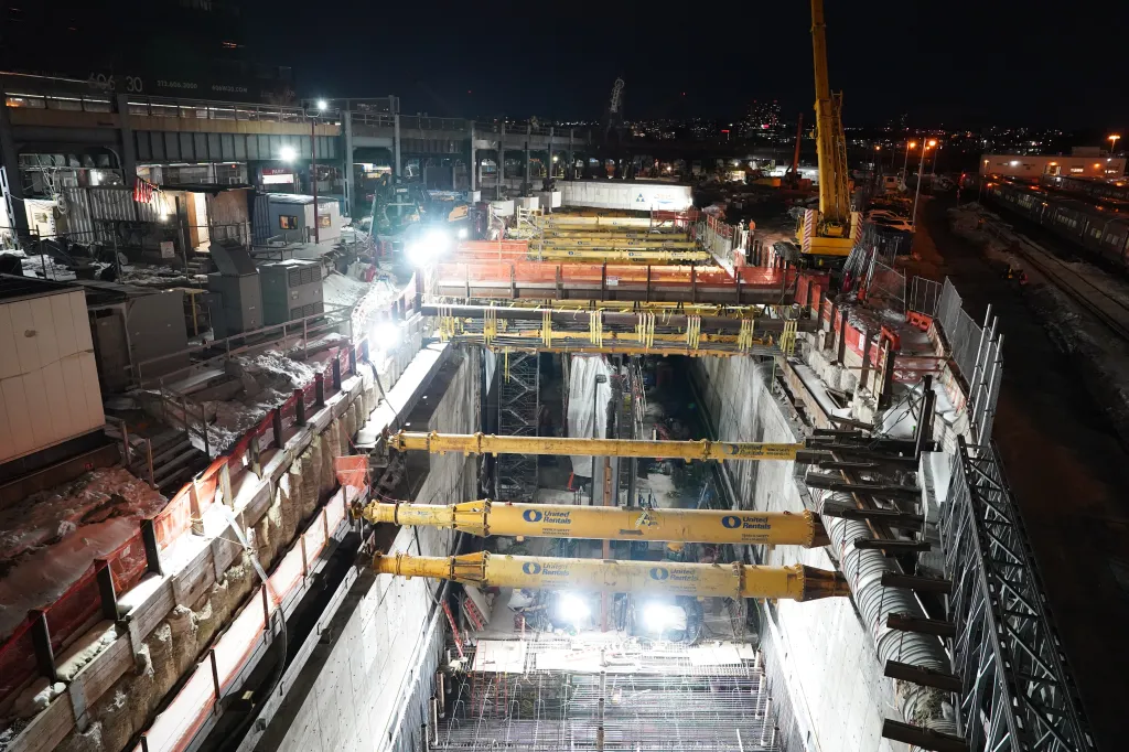 Night view of work on the Gateway Tunnel Project near Eleventh Avenue in New York, NY.