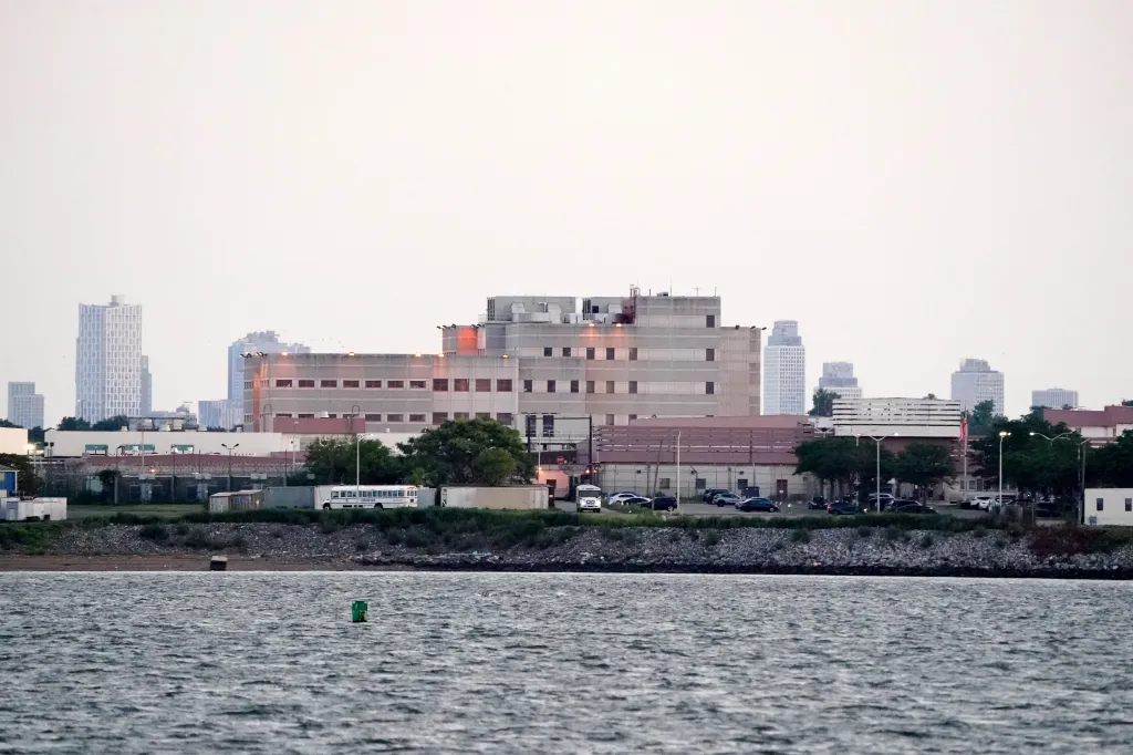 General view of the Rikers Island jail complex as seen from the Bronx, NY.